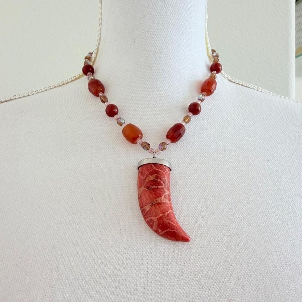 Beaded Crystal Statement Necklace Horn Tusk Red Coral Pendant Vintage